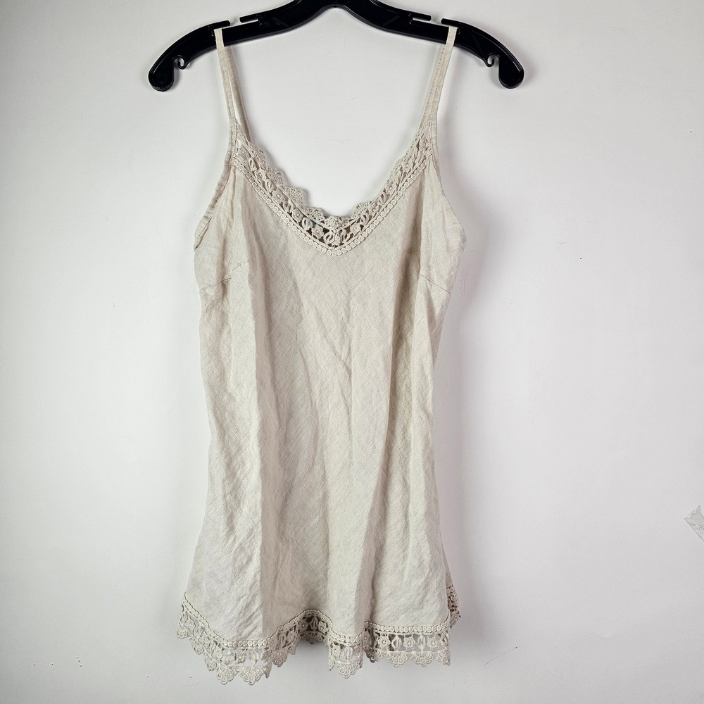 Paradise Beige 100% Linen Crochet Lace Trim Camisole Top Made in Italy Large